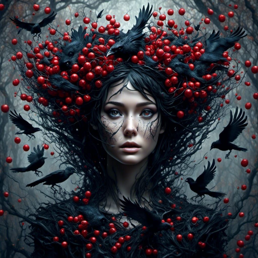 Woods Witch with Ravens in Hyperrealistic Style