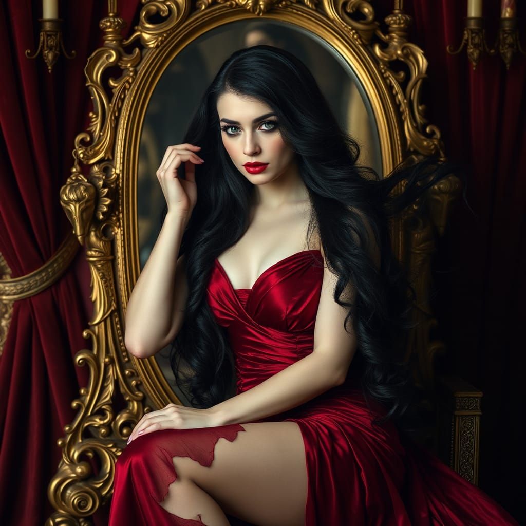 Elegant Woman in Crimson Gown, Classical Painting Style