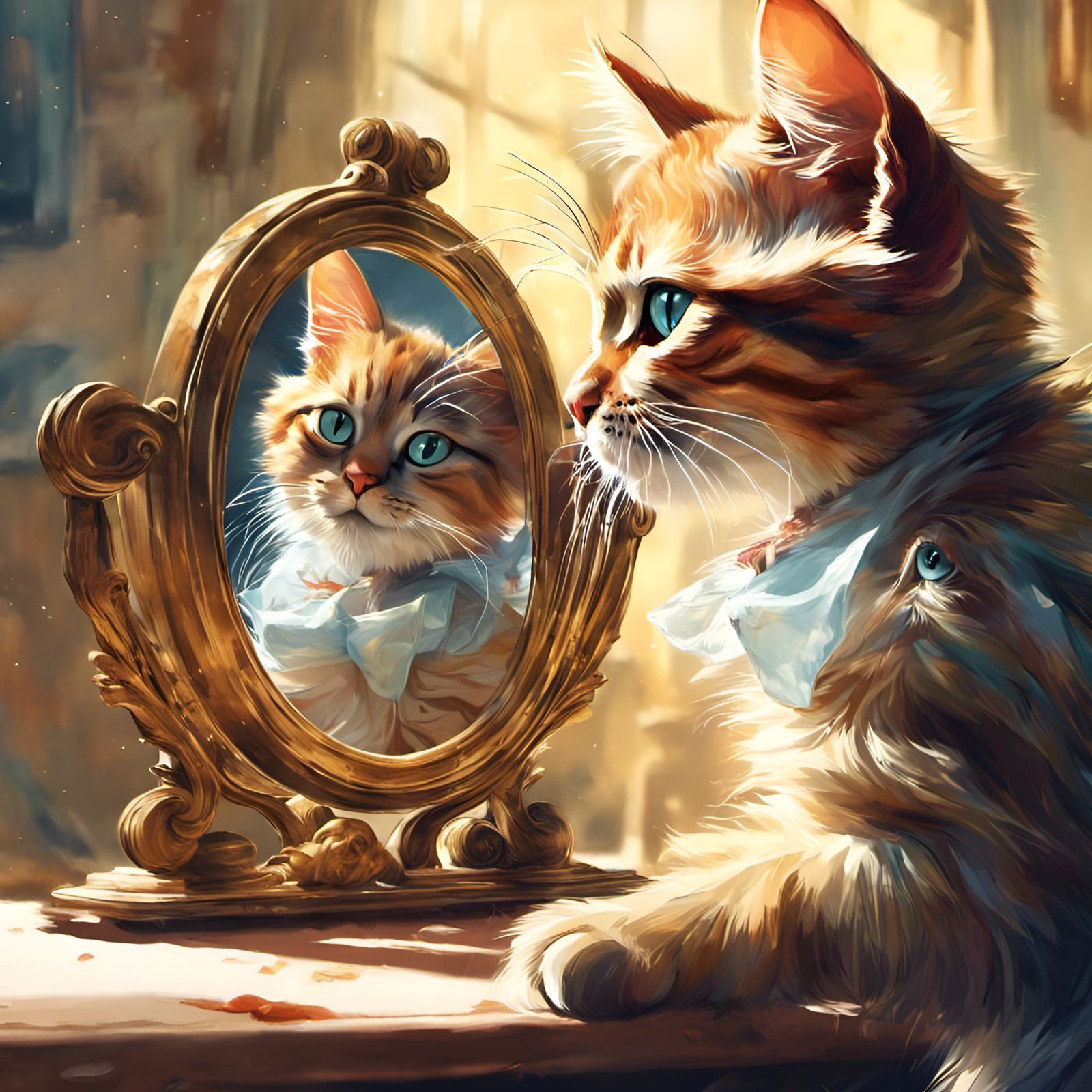 Cat's Reflection: A Digital Portrait in Rockwell Style