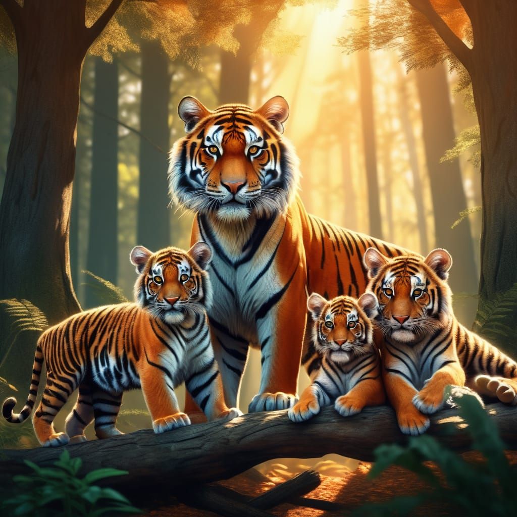 Tiger Family in Forest, Realistic Wildlife Illustration