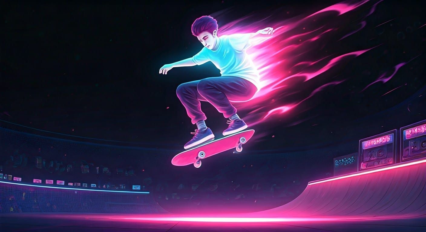 Neon Skateboarder in Vaporwave Dreamscape