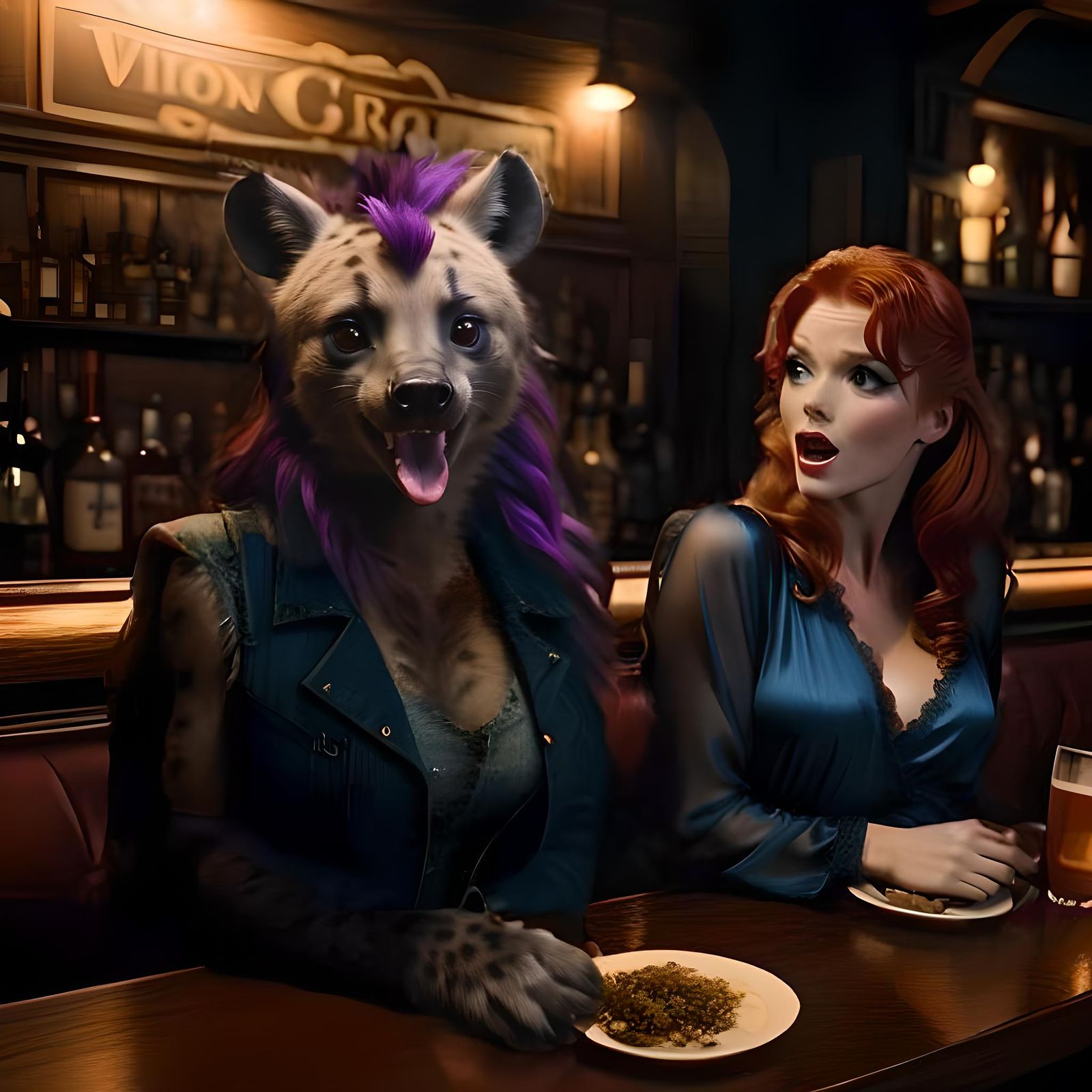 Cute Furry Hyenas in Irish Pub, Photorealistic