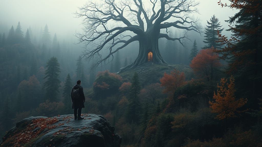 Lone Traveler on Windswept Cliff Overlooking Ancient Forest