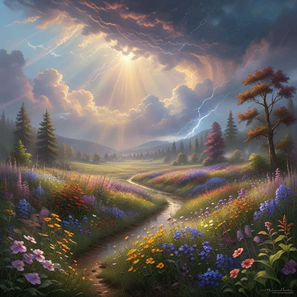 Wildflower Field in Summer Rain: Digital Painting