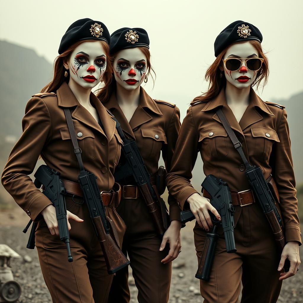 Clown Women in Military Uniforms: Cinematic Film Still