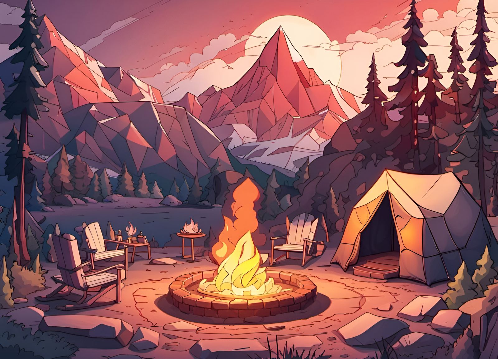 Isometric Low Poly Campsite Coloring Page