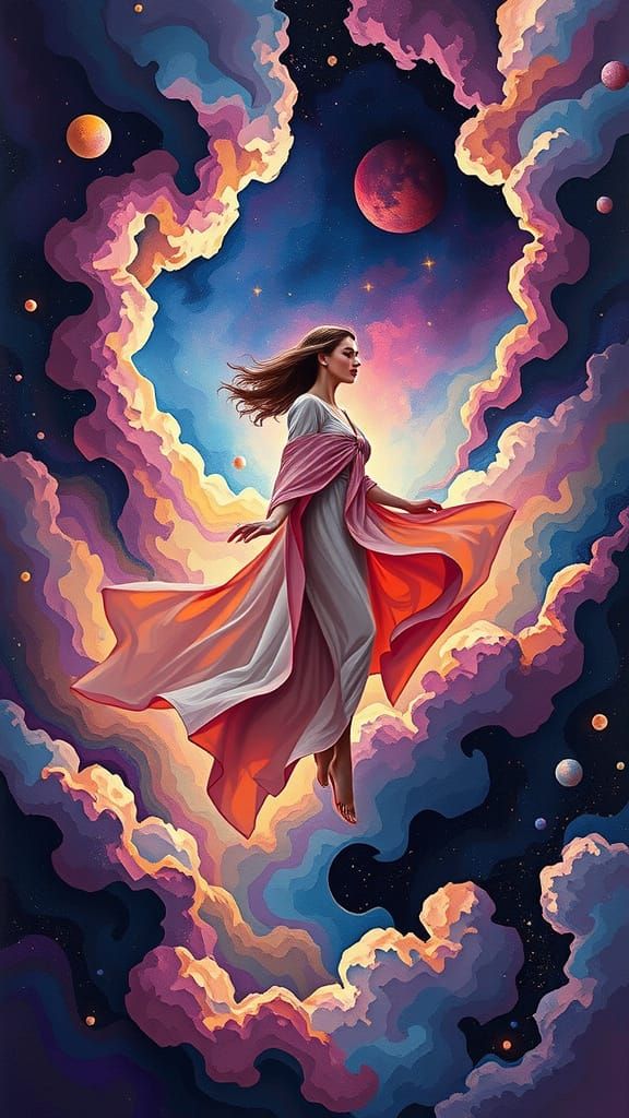 Ethereal Woman Transcends Cosmic Realm in Vibrant, Abstract ...