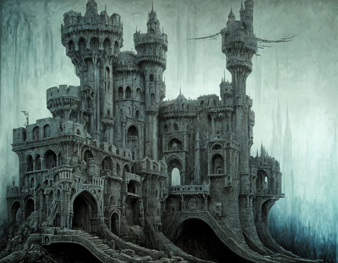 Surreal Castle Landscape in Dark, Twisted Style