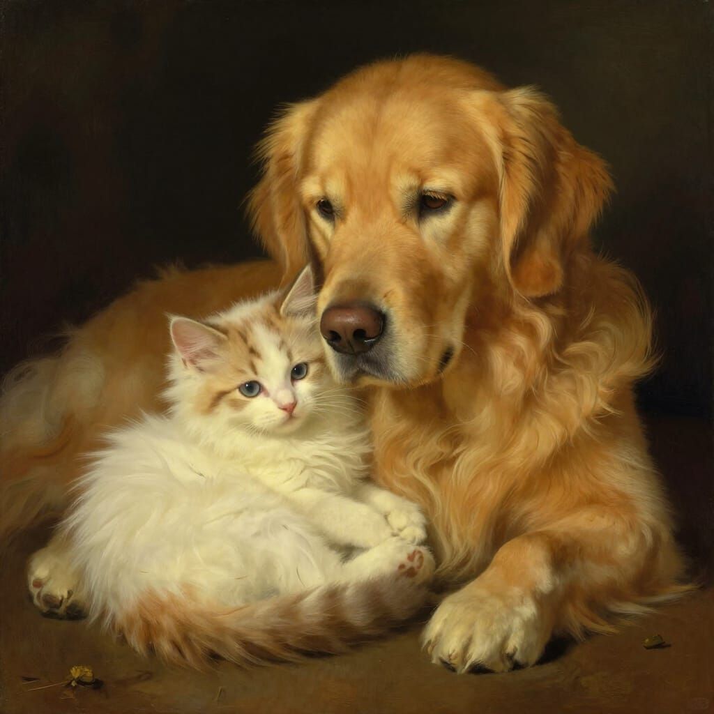 Surreal Kitten and Golden Retriever Portrait