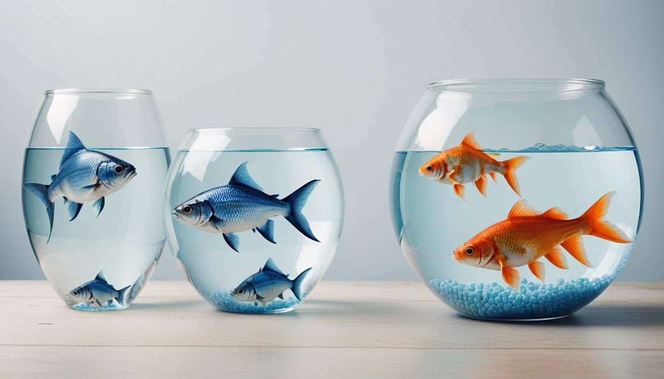 Four Blue Fish in Fish Bowls, Empty Middle Bowl, Four Goldfi...