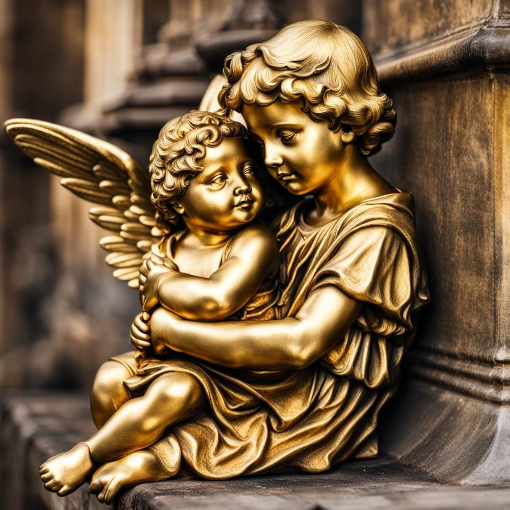 Golden Cherub Perched on a Woman's Shoulder