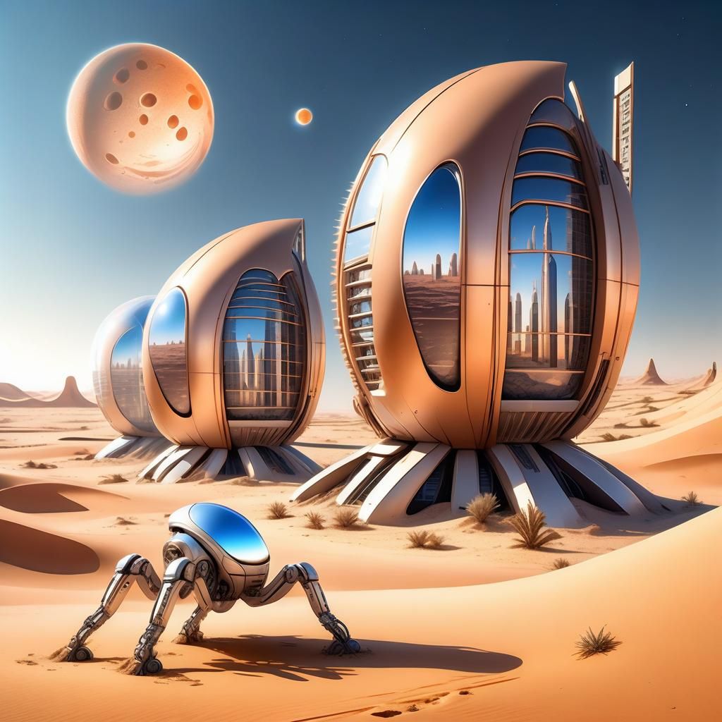 Alien Desert Cityscape with Robots in Sci-Fi Style