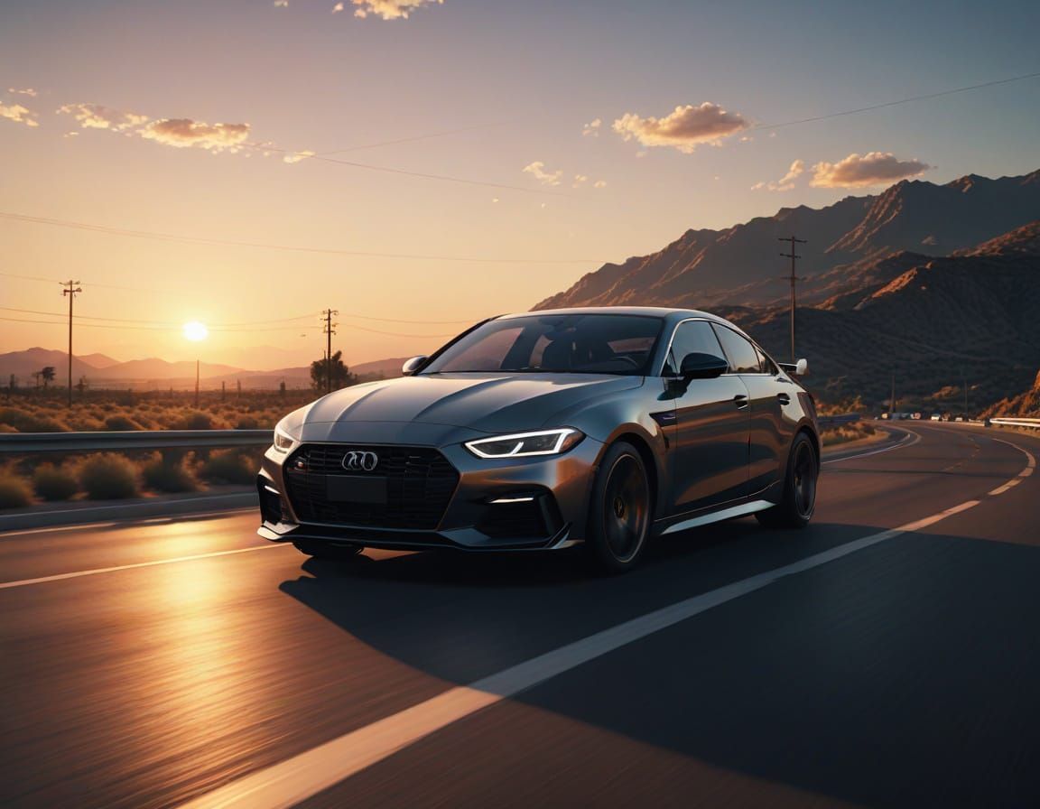 Hyper-Realistic Car Driving at Sunset