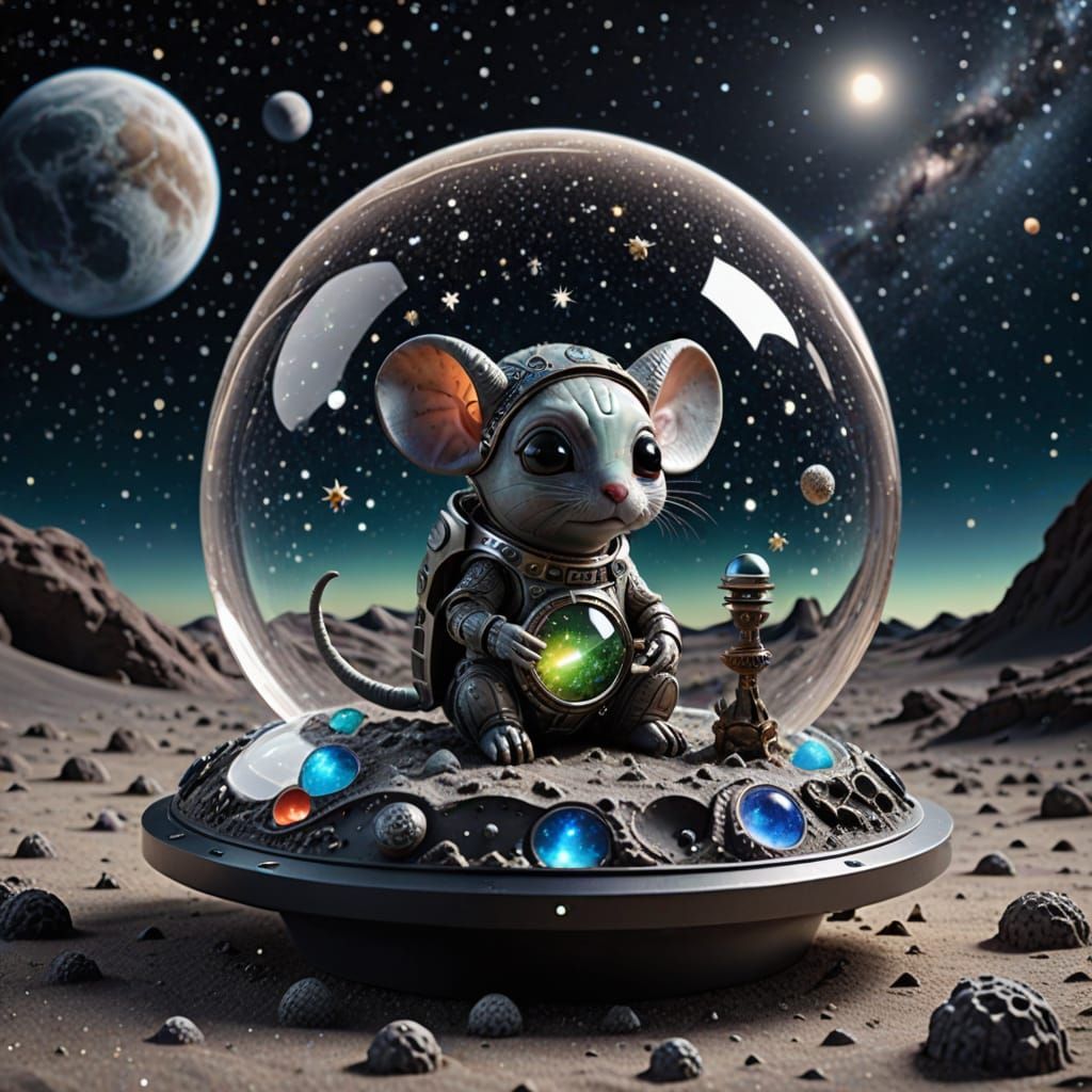 Miniature Spaceship on the Moon with Chibi Mouse and Celesti...