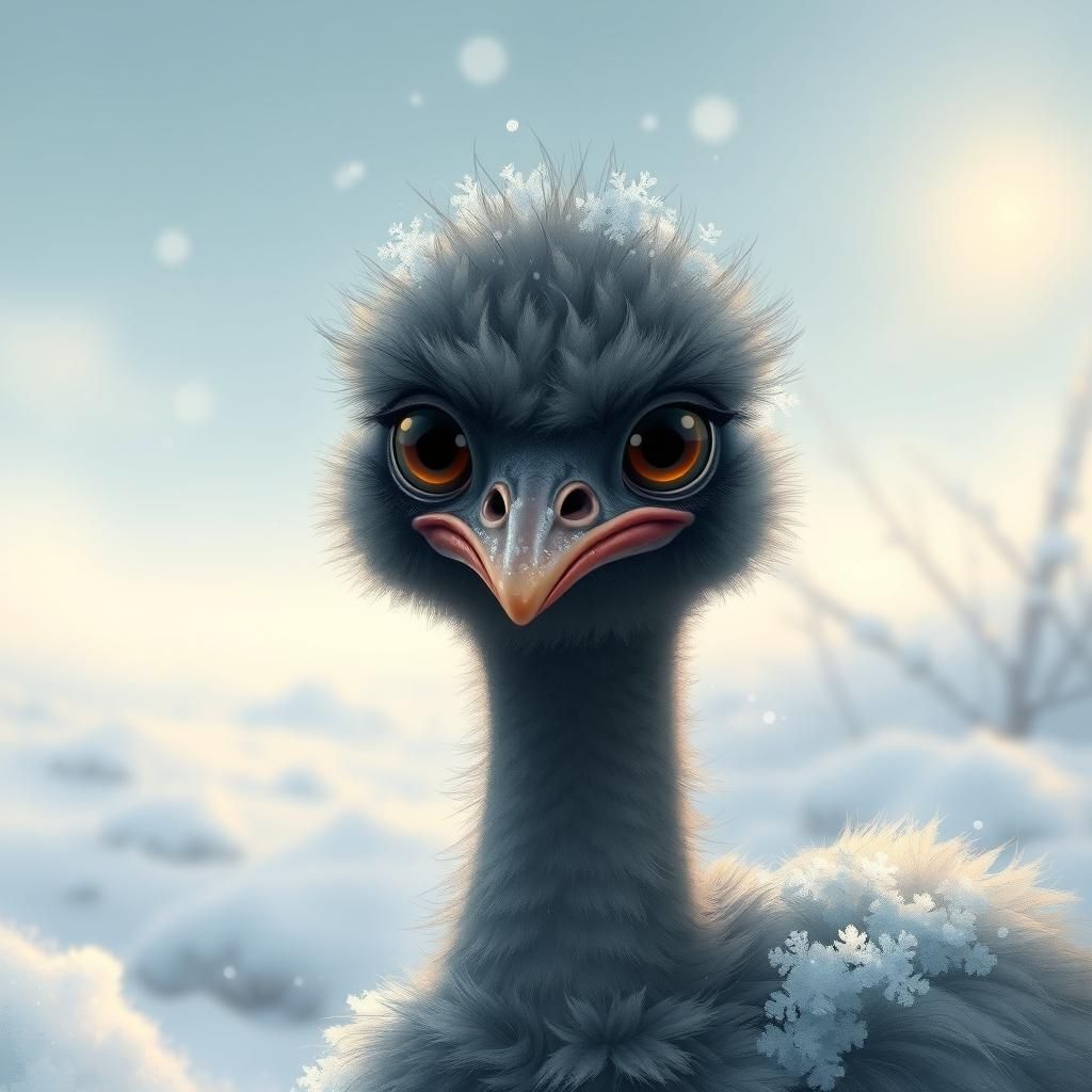 Distressed Emu in Winter Snowscape: Digital Illustration