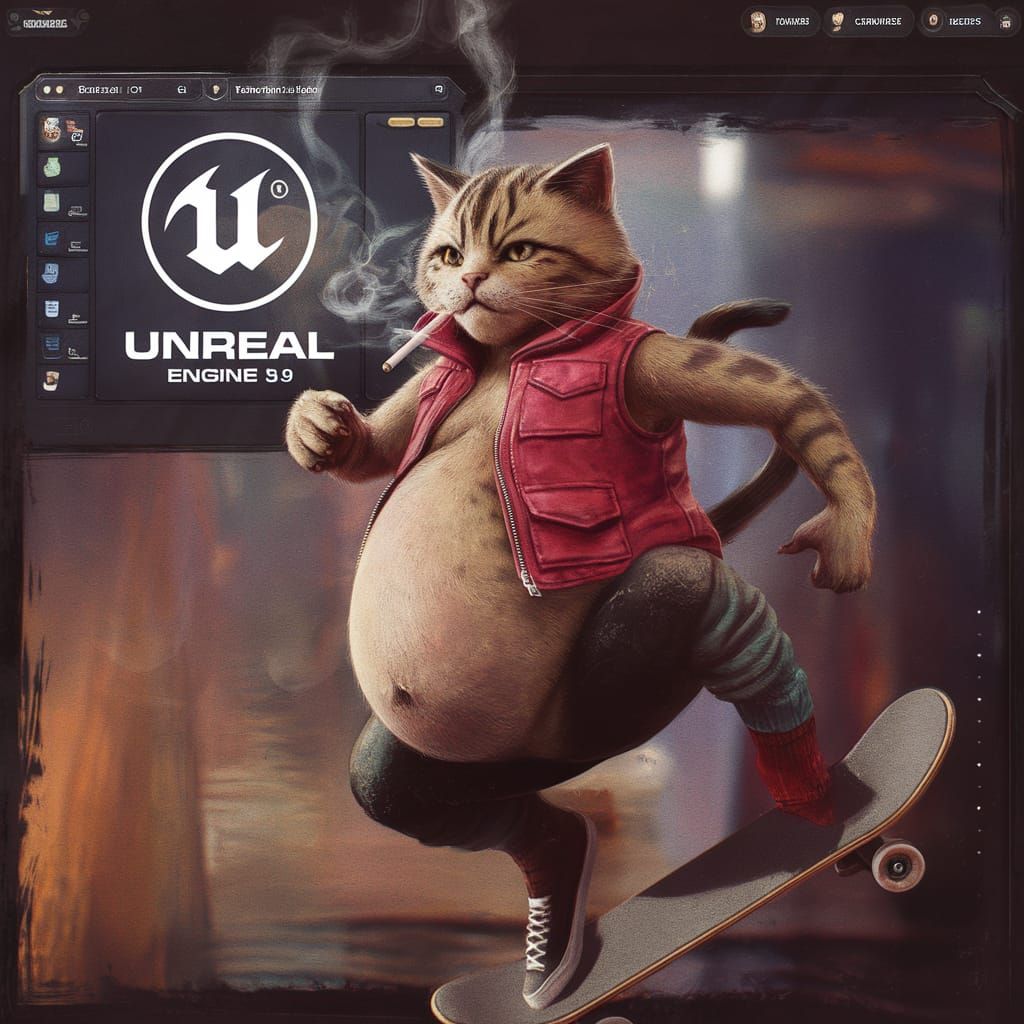 Pregnant Cat Skateboarding in Surreal Matte Painting