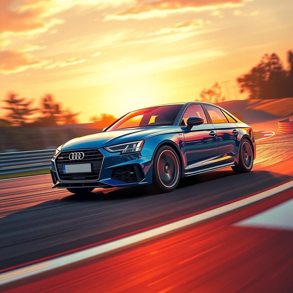 Blue Audi Quattro Races into Sunset: Photorealistic Render