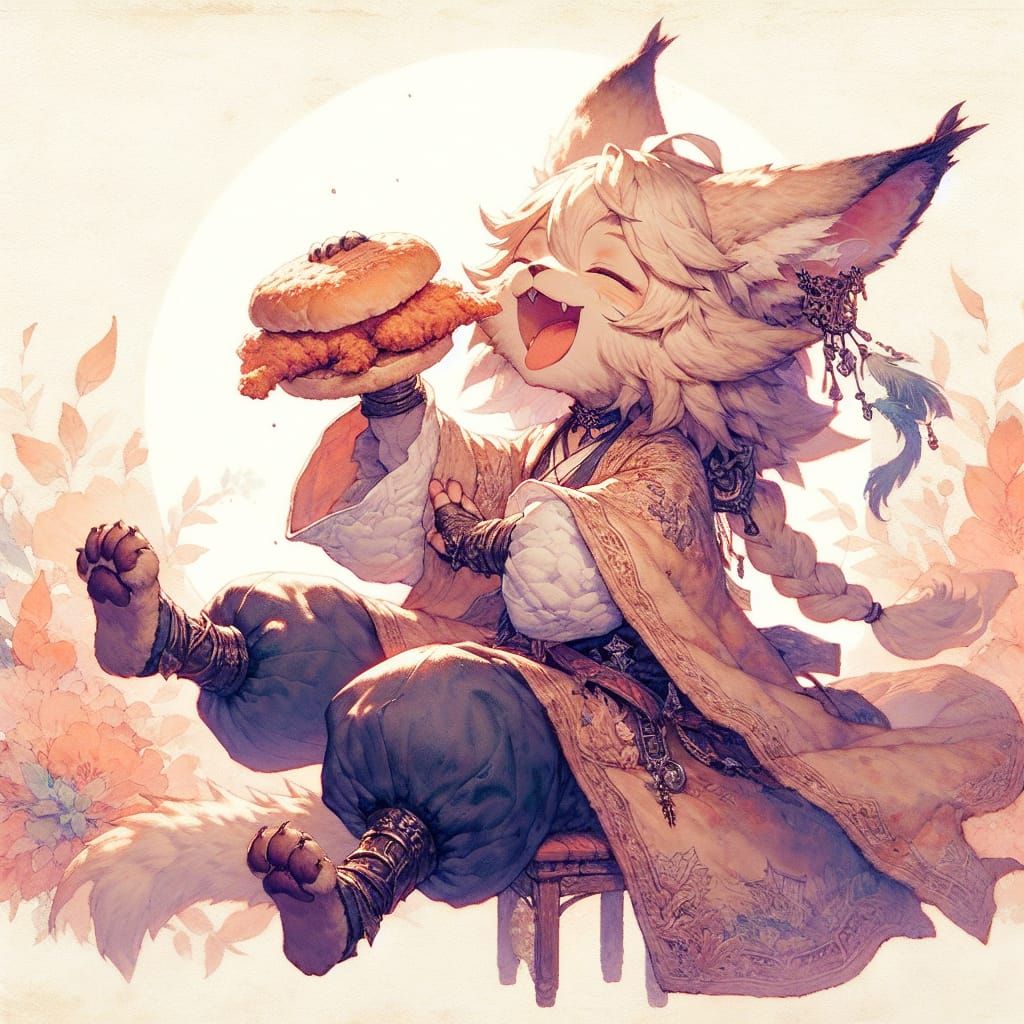 Lynx Queen Enjoys Chicken Sandwich, Anime Style