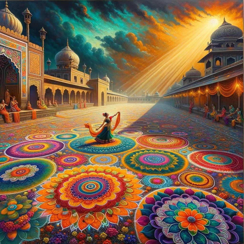 Vibrant Rangoli Ceremony in Traditional South Asian Setting