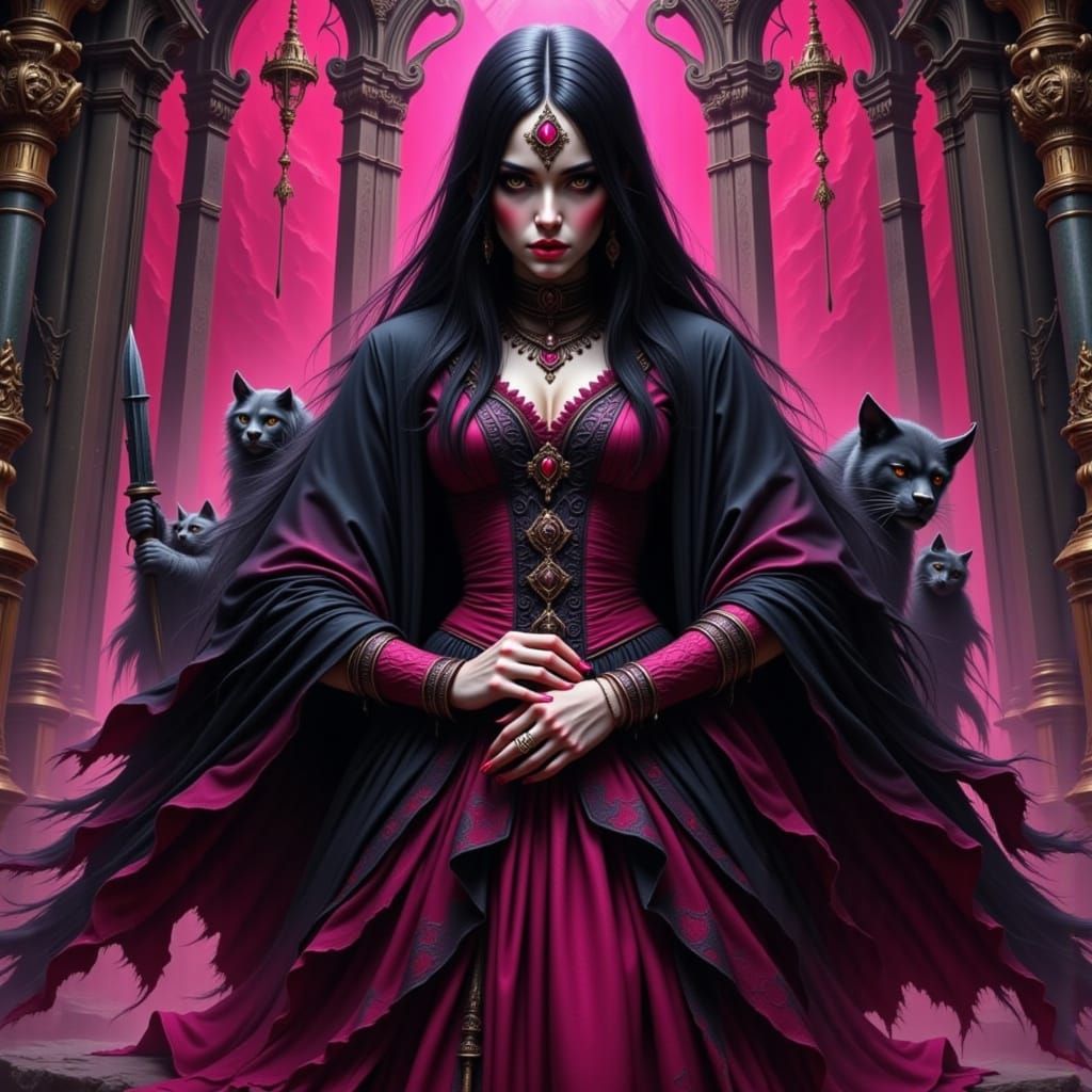 Pink and Black Priestess in Temple Interior