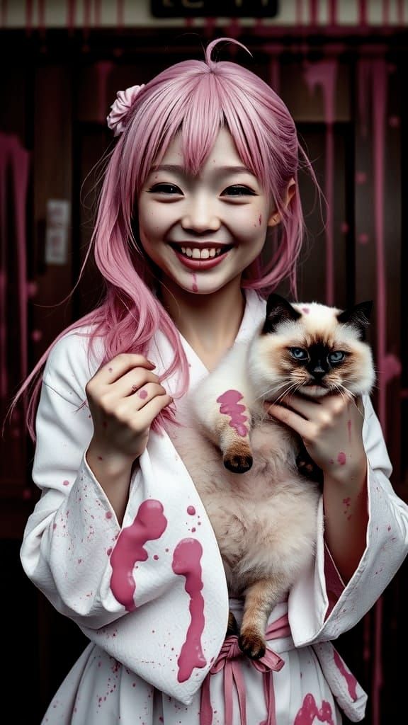 Joyful Girl and Pink Cat in Traditional Japanese Home