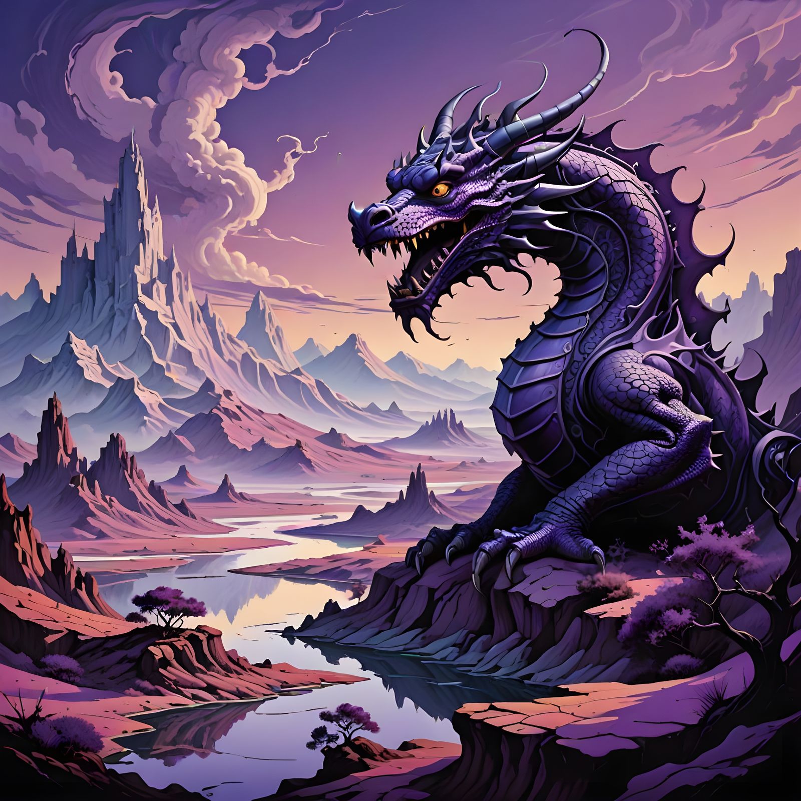 In the style of Dali a surreal landscape and a dragon the color scheme is purple.