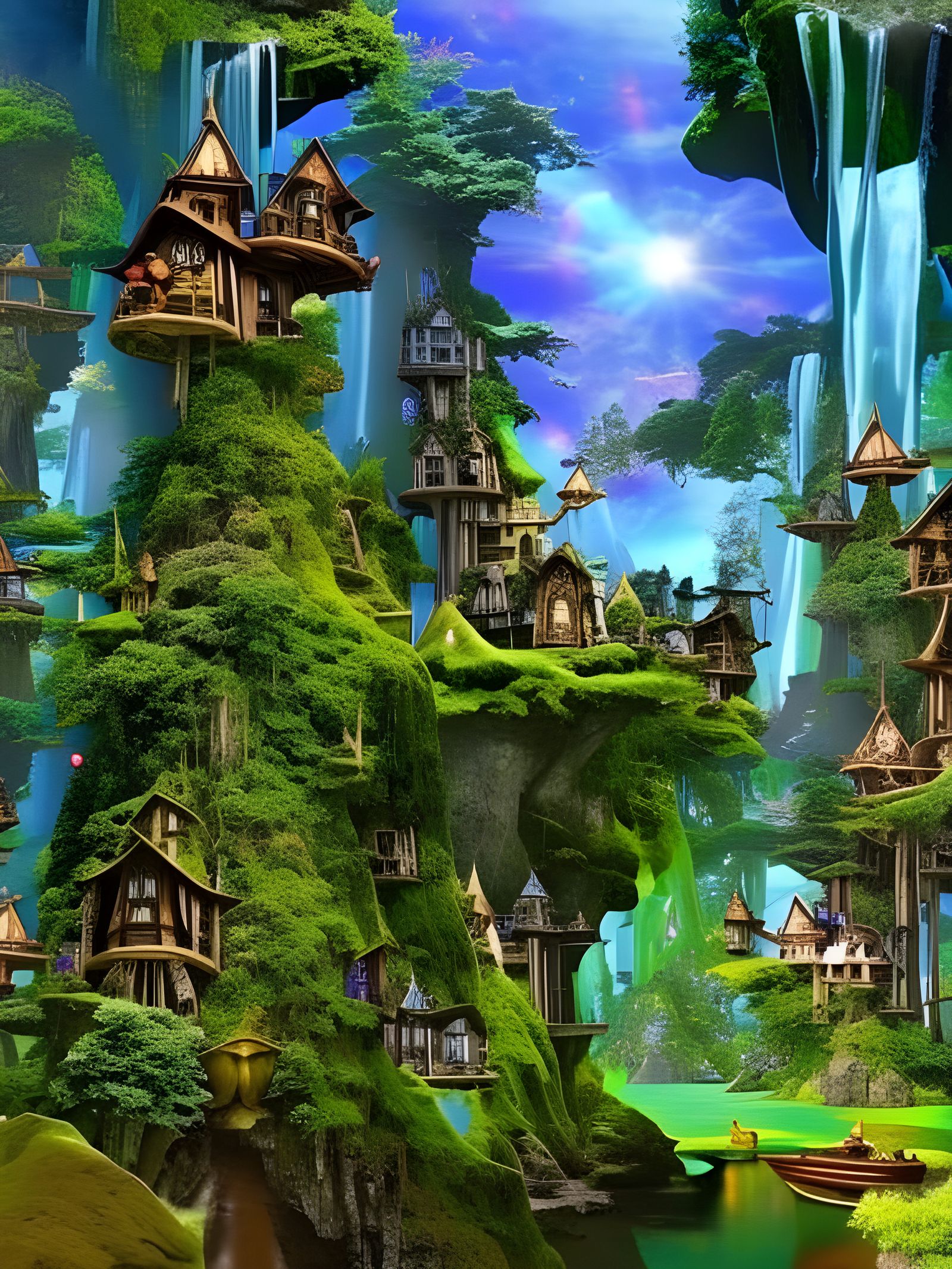 Colorful Collage of an Elven Treehouse City