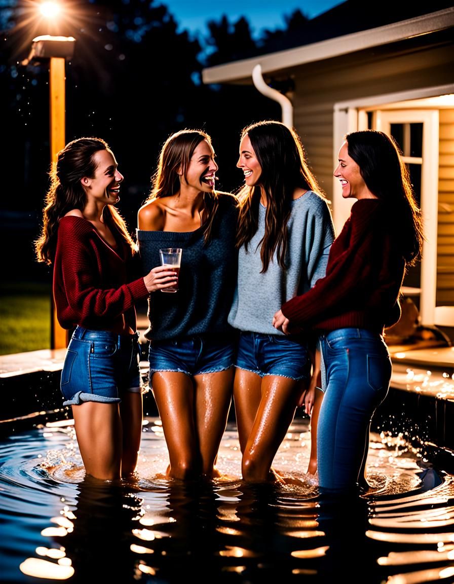 Friends Enjoying a Nighttime Hot Tub Party
