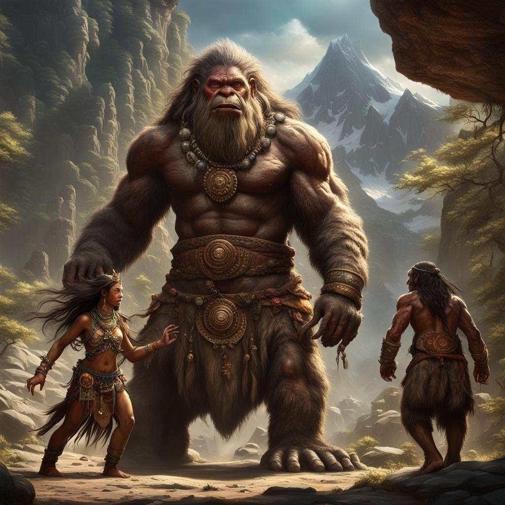 Naga Warriors Confront Yeti in Dark Fantasy Art