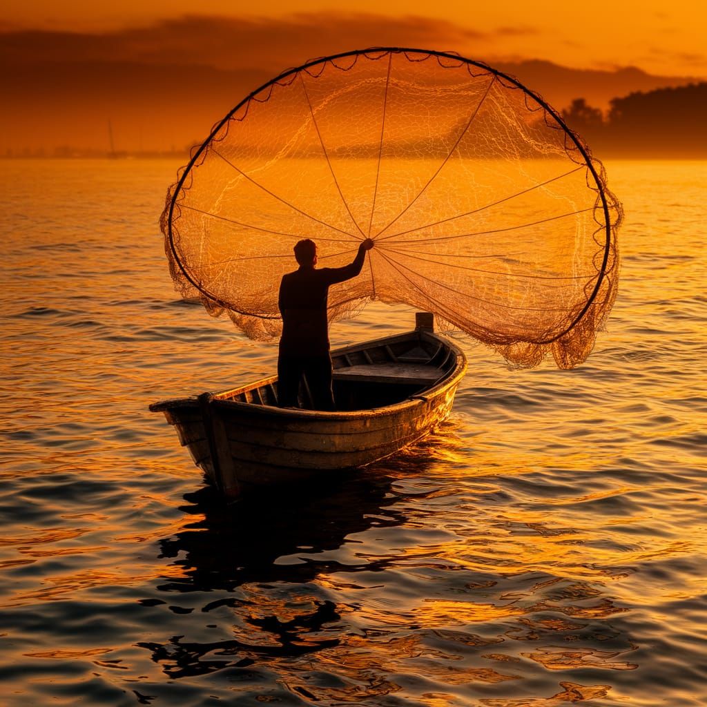 Fisherman Casting Net at Golden Hour Dawn Digital Art