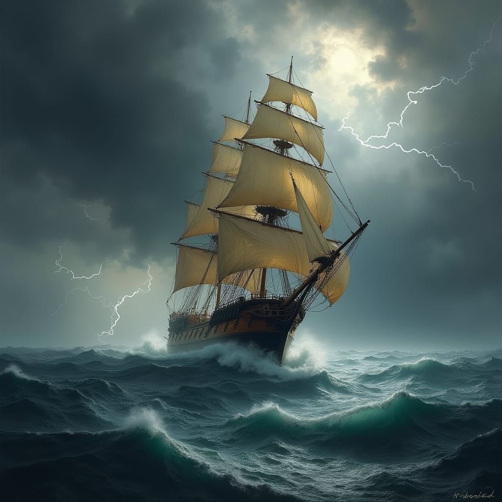 Majestic Galleon in Turbulent Stormy Seas