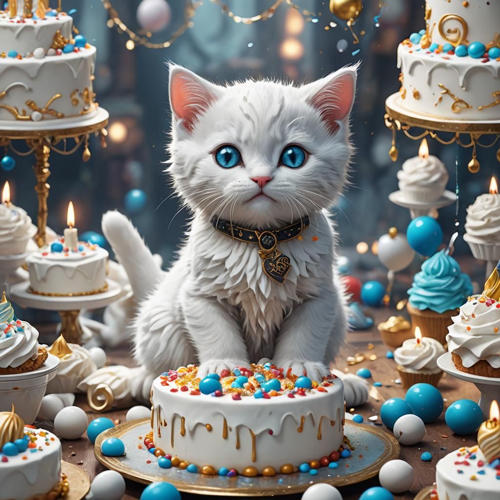 White Kitten Celebrates Birthday: Fantasy Concept Art