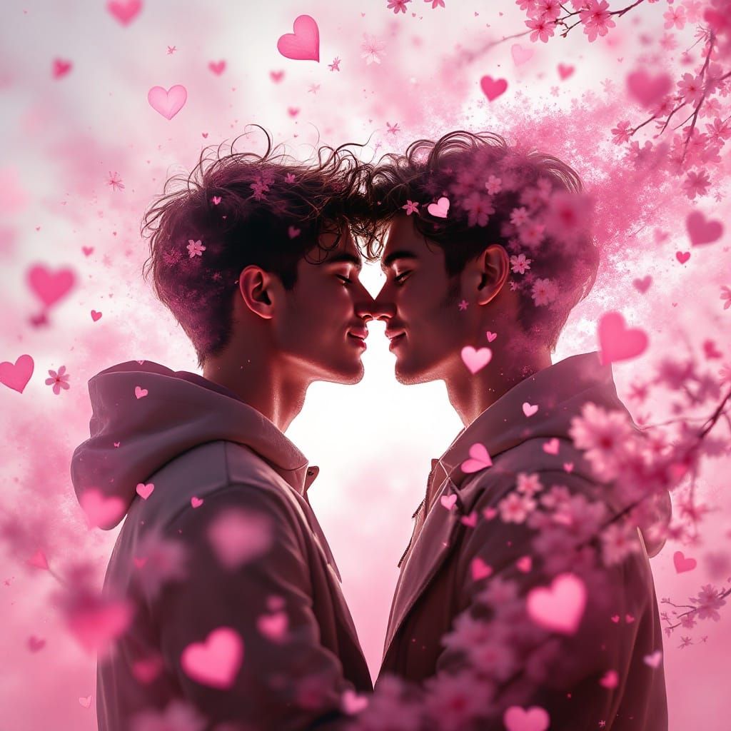 Surreal Double Exposure of Gay Love and Sakura Blossoms