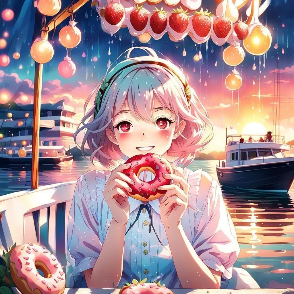 Anime Girl on Boat Eating Donut