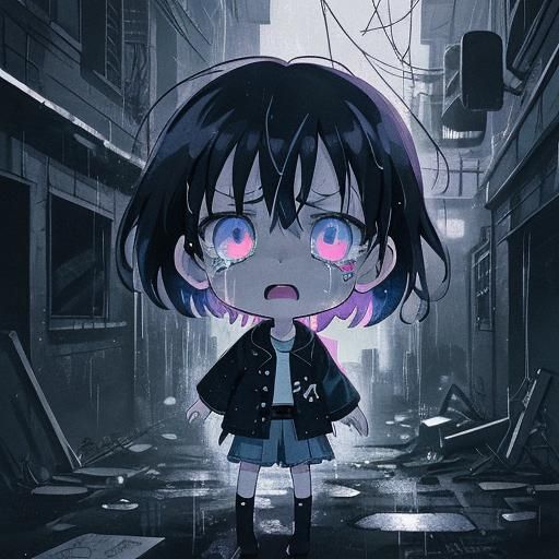 Weeping Goth in Rainy Neon Alley: 80s Anime