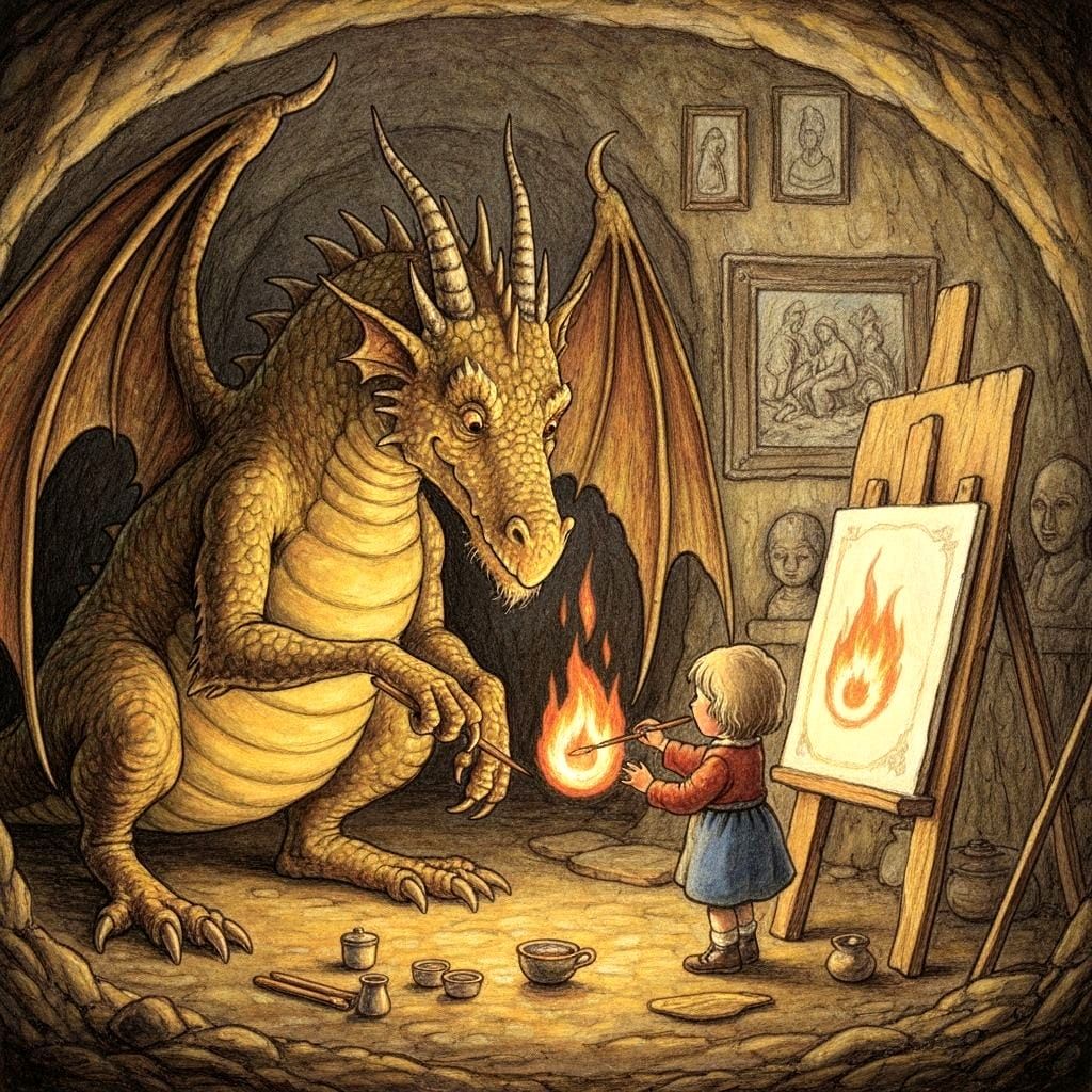 Dragon Teaches Child Fire Painting, Children's Book Illustra...