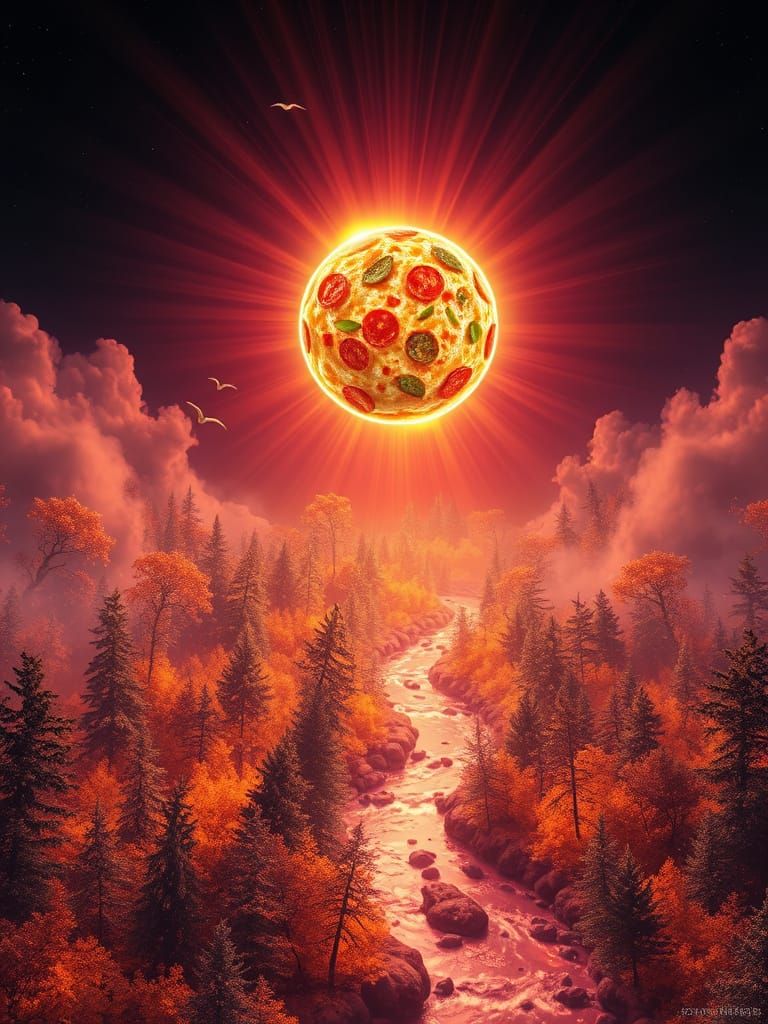Glowing Pizza Orb in Ethereal Breadstick Forest
