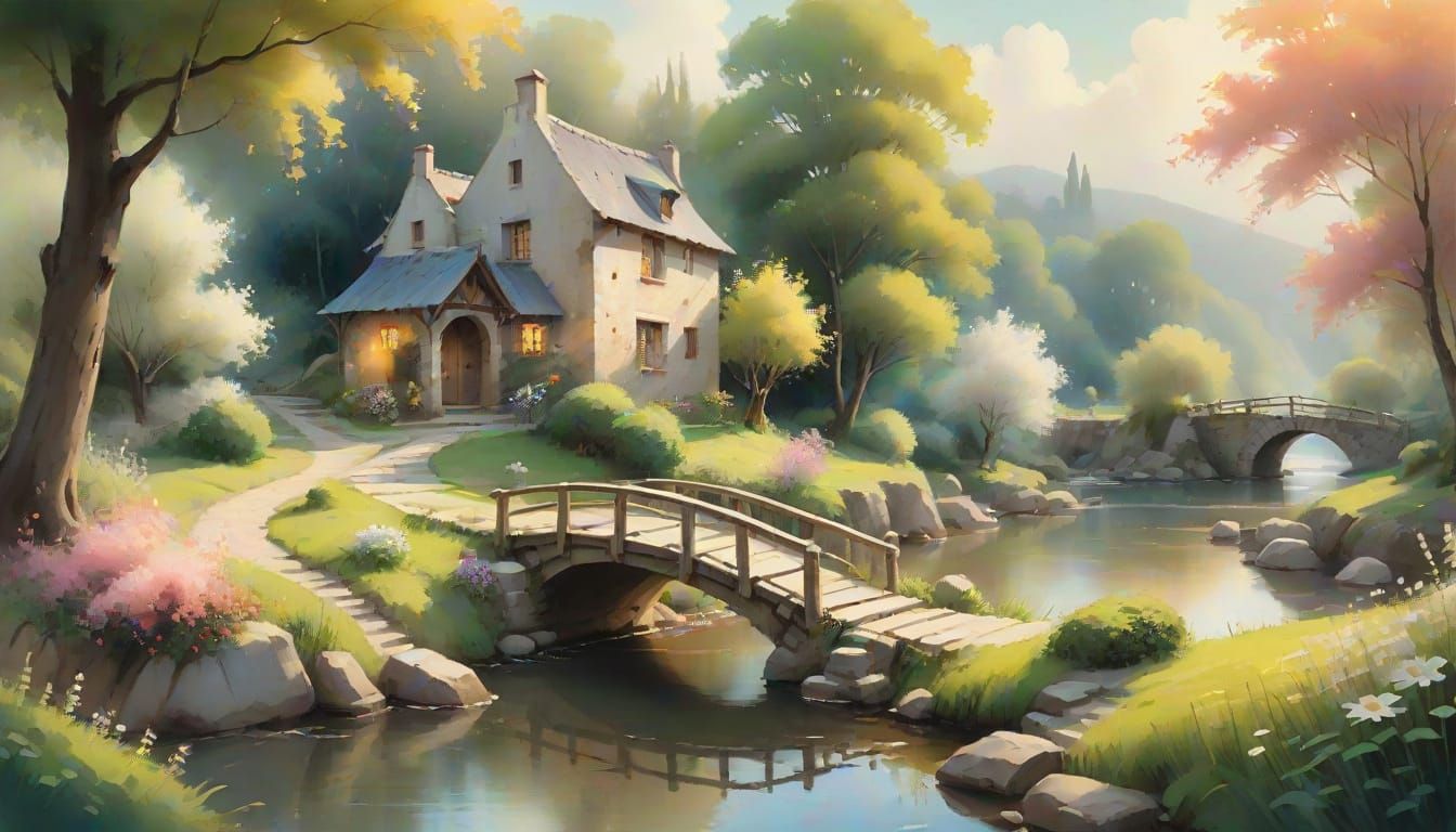 Romantic Landscape with Whimsical Watermill