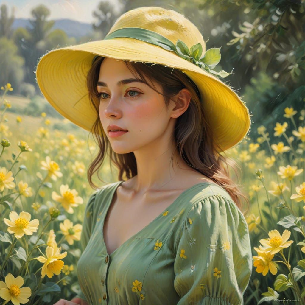Woman in Yellow Hat with Flowers in a Dreamy Landscape
