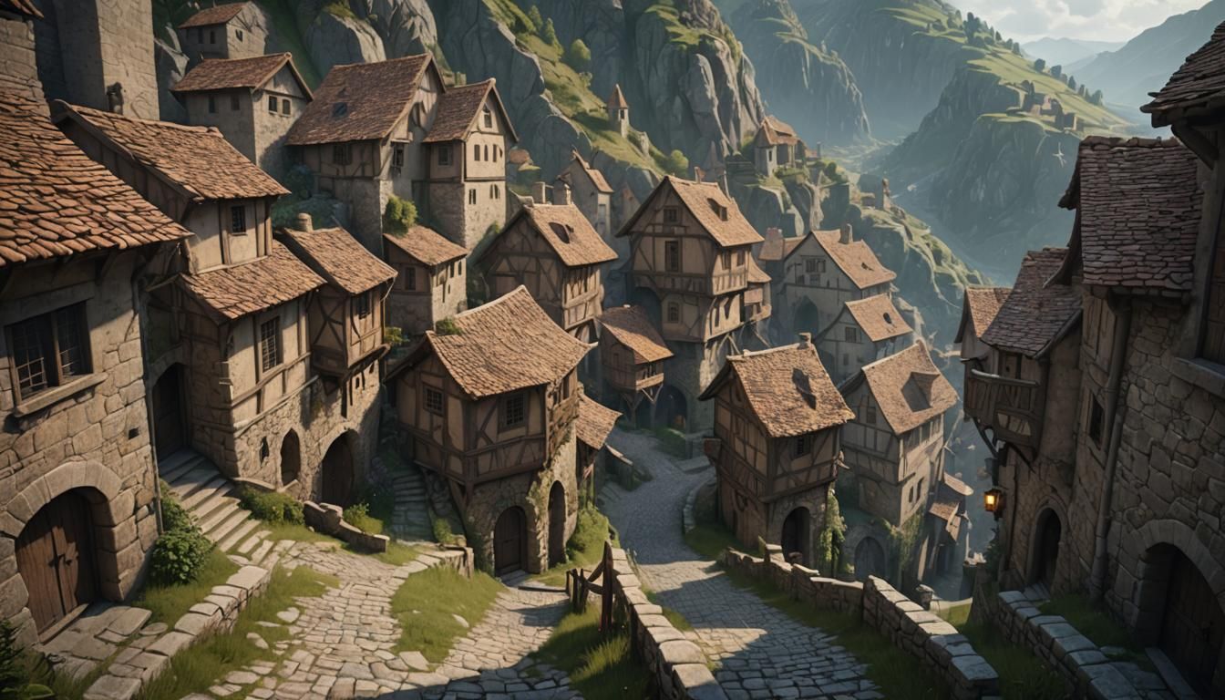 Eerie Medieval Village Alleyway: Detailed Matte Painting
