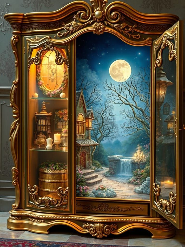 Ethereal Crystal Cabinet Opens to a Moonlit Fantasy World
