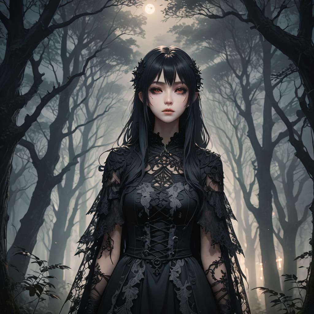 Gothic Anime Girl in Dark Forest: 3D Art