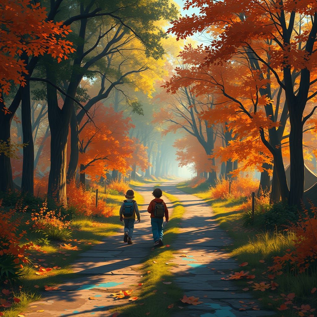 Vibrant Autumn Campground Pathways with Children