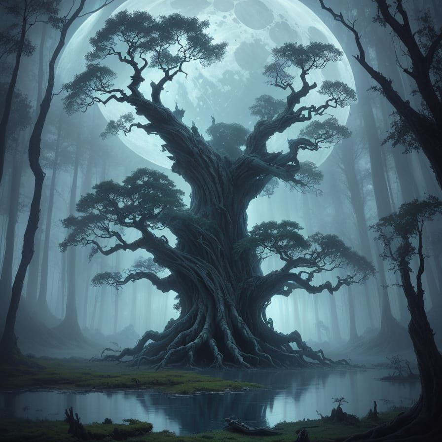 Ancient Tree by Moonlit Lake in High Fantasy Style
