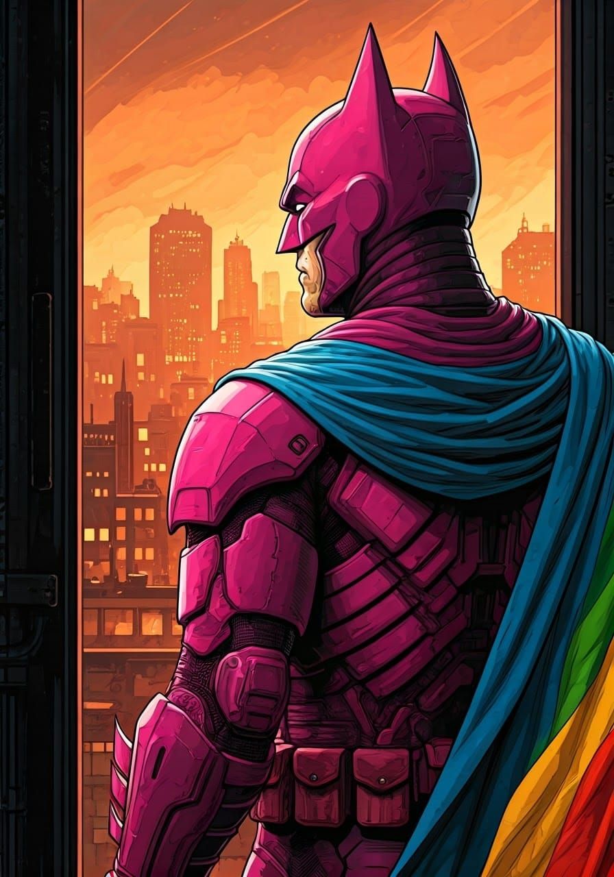 Batman in Pink Armor Over Gotham, Graphic Novel Art