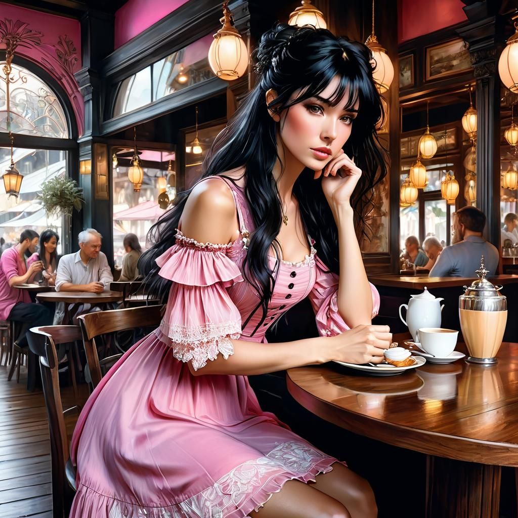 Anime Woman in Pink Dress, Arthur Rackham Style