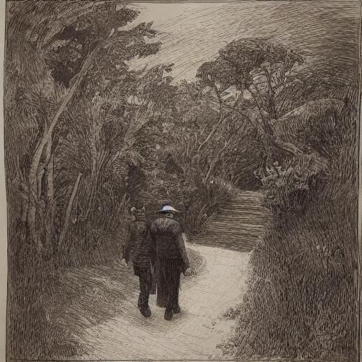 Couple Walks to Cottage: Charcoal Drawing