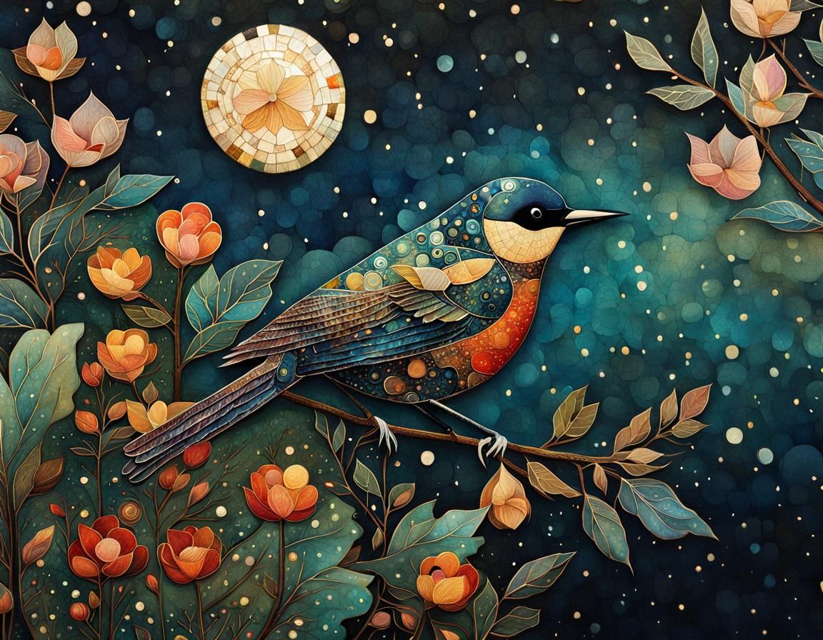 Night Bird in Detailed Watercolor Collage