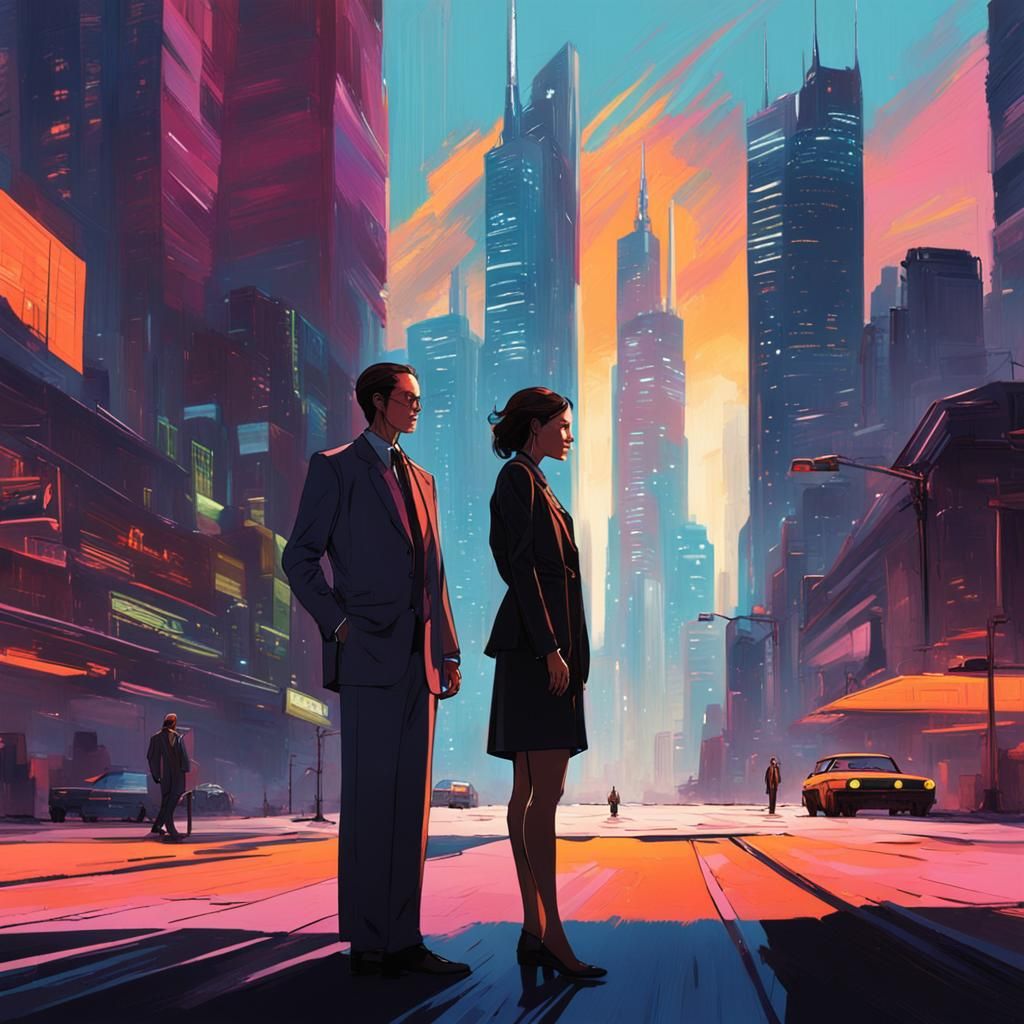 Confident Woman's Handshake in Cyberpunk Cityscape