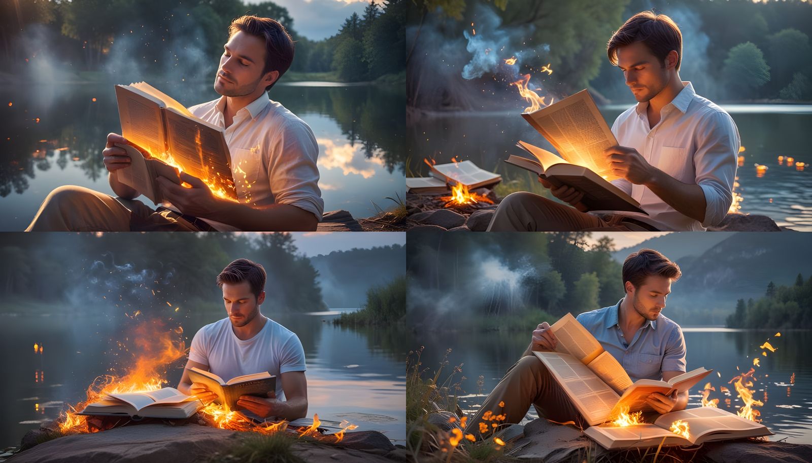 A Handsome Man Contemplates by a Serene Lake at Sunset